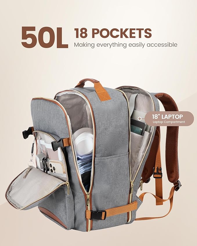 LOVEVOOK Travel Backpack for Women & Men 50L,Airline Approved Carry On Backpack Travel Essentials,TSA Carry on Luggage,Waterproof Personal Item Travel Bag,Suitcase with 3 Packing Cubes,Grey-Brown