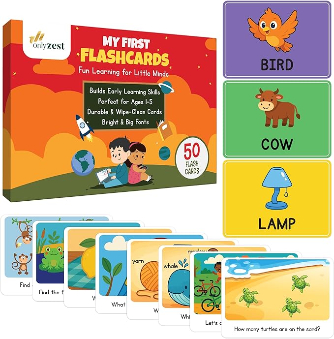 Toddler Flash Cards - 50 Big Font, 500 GSM Wipe-Clean Learning Flash Cards for Toddlers 1-3 & Ages 3-5 - Numbers, Colors, Find-the-Difference & Fun Questions - Preschool Educational Gift