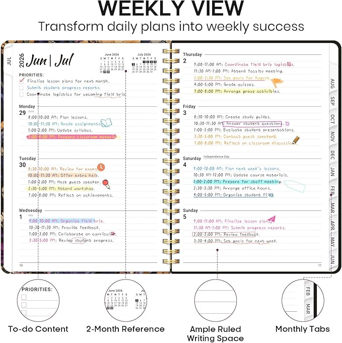 Academic Planner 2026-2027, Weekly and Monthly Calendar Book, July 2026 – June 2027, Hardcover Planner with Tabs, Perfect for Teachers, Students, Women & Men, A5 (6.4" x 8.5") - Midnight Bloom