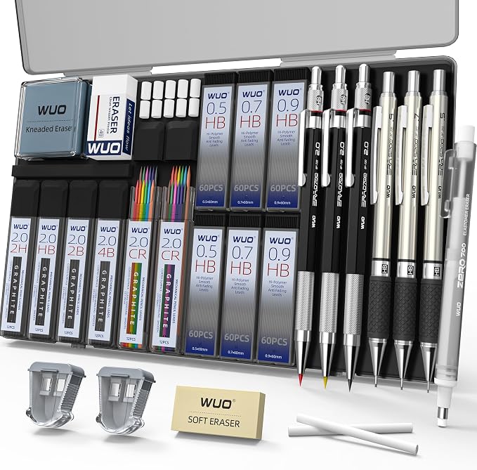 WUO 36PCS Art Mechanical Pencil Set with Storage Case, Metal Drawing Pencil | 0.5, 0.7, 0.9mm & 3PCS 2mm (2H HB 2B 4B Color) & 432 Lead Refills, 1 Eraser Pen, Artist Tech Pencils for Sketching, Drafting