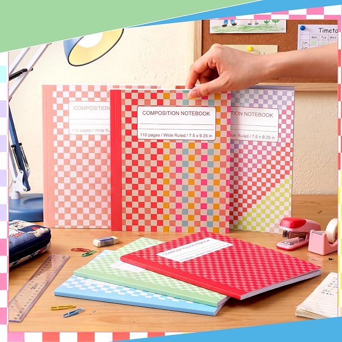 Fullhawl 6 Pcs Composition Notebook Wide Ruled Cute Preppy Colorful Checkered Aesthetic Notebook for Back to School 110 Page 9-3/4 x 7-1/2" Journal Gift for First Day of School, Student, Teacher Check