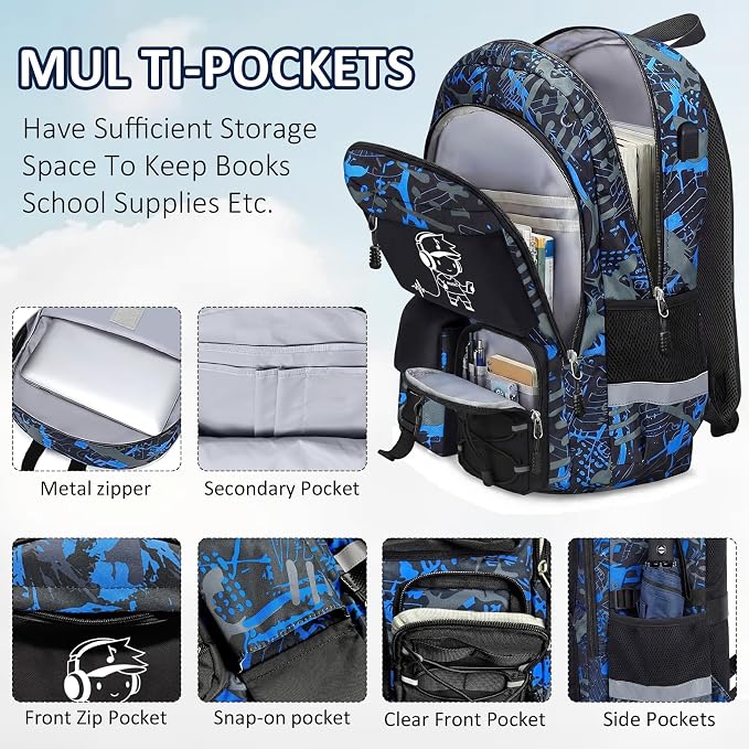 School Backpack for Boys - 3pcs Gamer Boys Backpack with Lunch Box Set for Kids Teens Elementary Middle High School,18″ Large Capacity Students Bookbag with Usb Charging Port