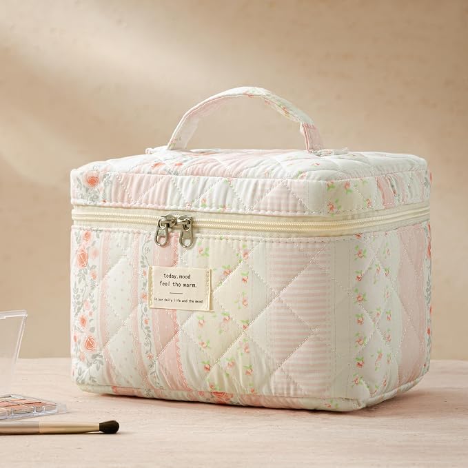 HBselect Quilted Makeup Bag, 3Pcs Cotton Large Travel Makeup Bags Organizer | Cute Floral Make up Bag Cosmetic Bag Toiletry Bag for Women Girls, Makeup Pouch for Skincare, Brushes & Travel Essentials
