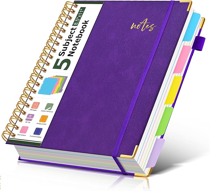Hardcover Spiral Notebook Journal 8.5" x 11" Leather 5 Subject Notebook with Removable Dividers Tabs, 300 Pages Organizer Notebooks for Work School, College Ruled, Large Lined Journal for Women,Purple