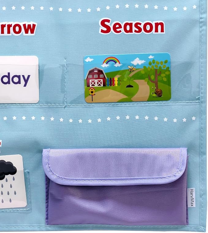 Morning Board Calendar for Toddlers - Preschool Learning Wall Chart for Classroom & Homeschool Interactive Educational Calendar with Pockets for Weather, Days of The Week, Seasons (Light Blue)