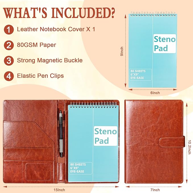 Steno Pad Holder PU Leather Cover 6x9 Steno Pad Cover Business Padfolio Organizer Compatible With 6x9 Steno Notebook Portfolio Pocket Organizer With Pen Loop for Business Office（Brown）