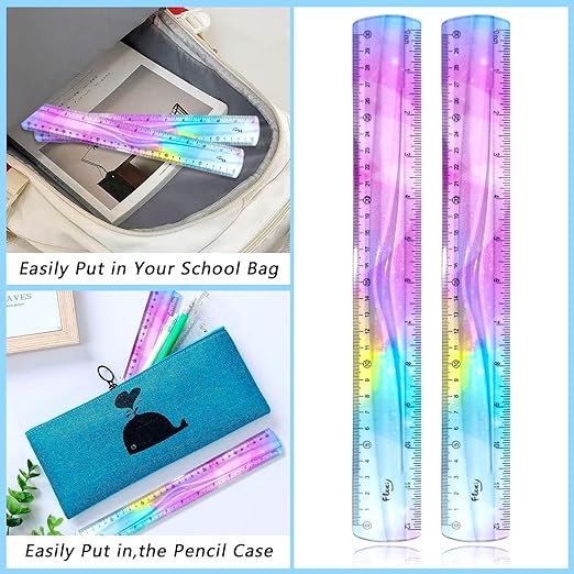 4 PCS 12 Inch Flexible Ruler, Bendable Plastic Ruler, Soft Bendable Gradient Colour Rulers with Centimeters and Inches for Student School Classroom Office Supplies