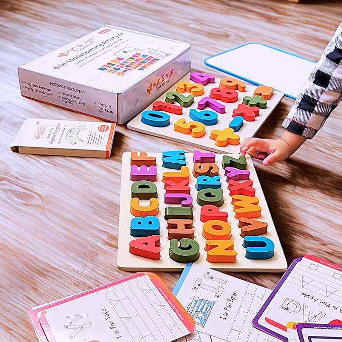 5-in-1 Wooden Puzzles for Toddlers 3-5 | Montessori Alphabet Number Shape Learning Toys | Magnetic Whiteboard, Flashcards & Markers | Preschool Educational Activity Kit | VYN & VYN (Multicolor)