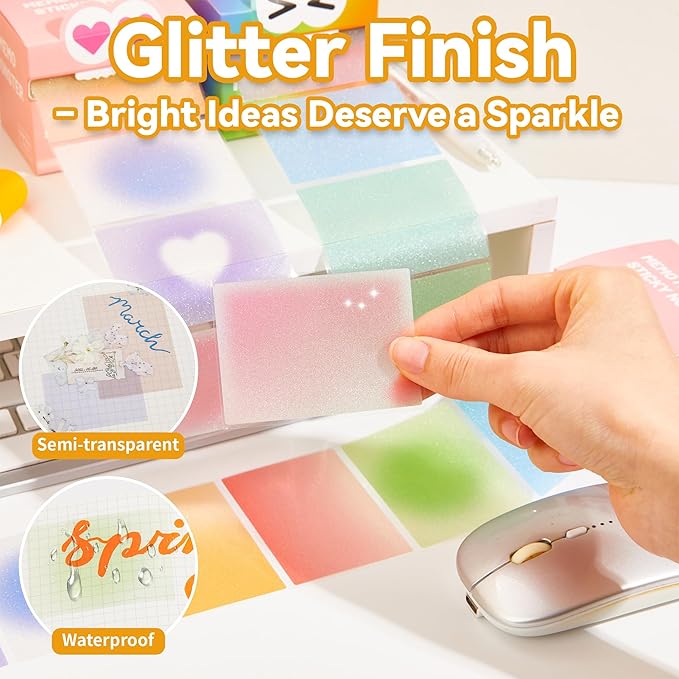 2PCS Monster Sticky Notes – Glittery Semi-Transparent Full-Adhesive Sticker Notes with Cute Monster Box, 105 Sheets for School Supplies, Office Products, Journaling, Scrapbooking & Labels