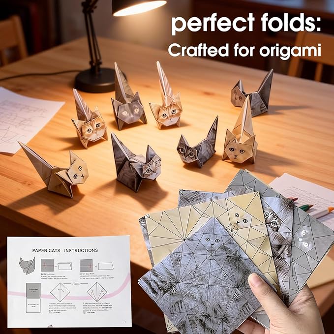 DIY Origami Paper Cats Kit, 50 Sheets Pre-Printed Paper cats with Cat Designs, Paper cats origami Fun Craft Activity for Adults, Creative Desk Decor and Gift for Cat Lovers