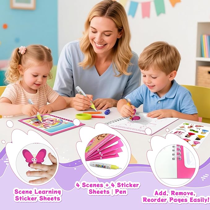 Reusable Water Coloring Books for Toddlers 1-3 with 18+ Stickers & No-Mess Pen, Princess Theme Water Coloring Books for Toddlers 1-3, Magic Paintless Painting Book for Toddler, Paintless Painting Book