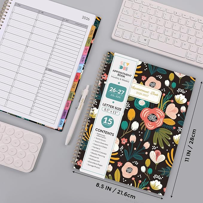 SKYDUE Appointment Book 2026-2027, Academic Hourly Planner from July 2026 - June 2027, 8.5" x 11" Weekly & Monthly Schedule Planner with 15-Minute Interval- Perfect for Daily Planning Black Flower