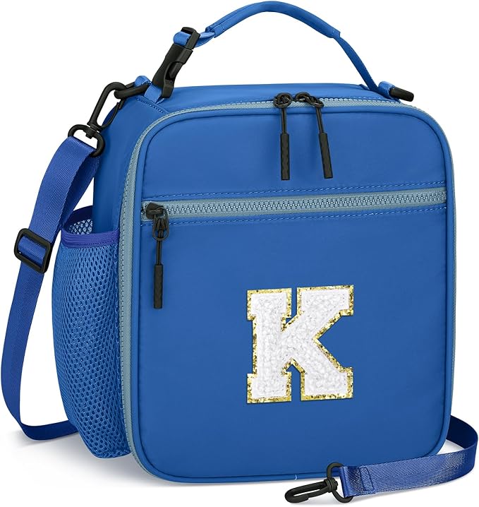 Initial Insulated Lunch Bag for Boys Kids, Back to School Gift, Reusable Leak-proof Lunch Box with Adjustable Strap for School Daycare Travel Picnic（Blue，K）