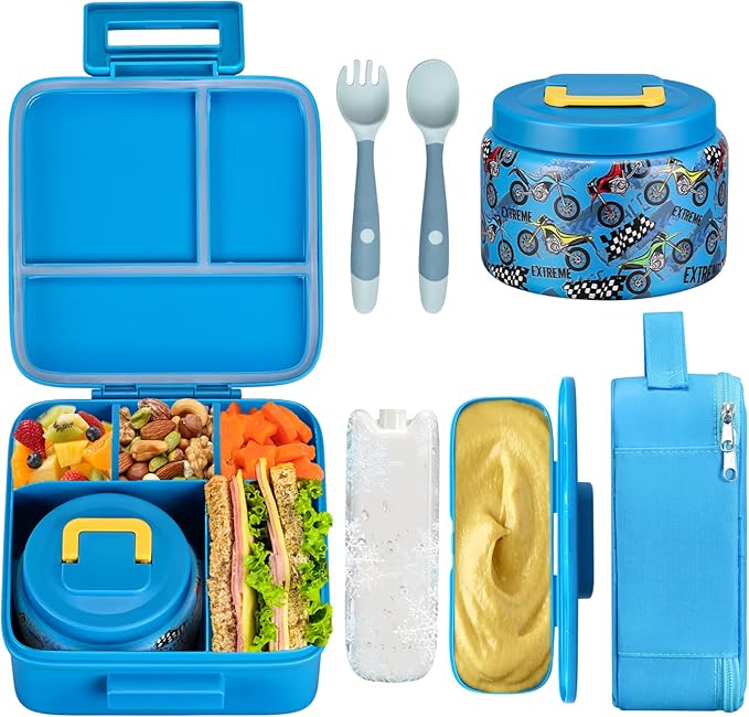 JXXM Bento Lunch Box for Kids With 8oz Soup thermo,Leak-proof Lunch Containers with 5 Compartment,thermo Food Jar and Lunch Bag, Food Containers for School (A-Blue(Extreme Locomotive))