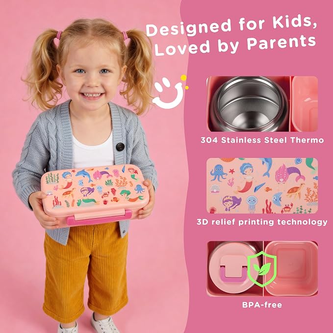 Bento Lunch Box for Kids With 8oz Food Thermo,BPA-Free for School | Lunch Container with 2 Compartments, Insulated Food Jar, Dishwasher Safe, Easy to Clean, Lunch Box for Girls Boys