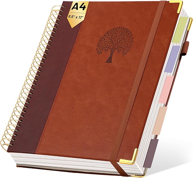 Yoment Hardcover Spiral Notebook 8.5" x 11" Leather 5 Subject Notebook College Ruled with Dividers Tabs 300 Pages Large Spiral Journal Notebooks for Work School Note-Taking Business, Brown