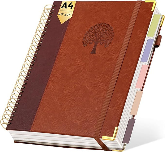 Yoment Hardcover Spiral Notebook 8.5" x 11" Leather 5 Subject Notebook College Ruled with Dividers Tabs 300 Pages Large Spiral Journal Notebooks for Work School Note-Taking Business, Brown