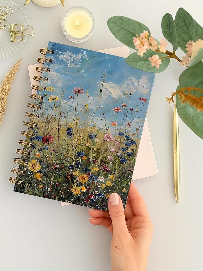 Rustic Wild Flower Spiral Notebook, Retro Cottagecore Wildness Botanical Floral Journal for Women, Farmhouse Country Landscape Botanical Notebook 5.5x8.3 Inch-369
