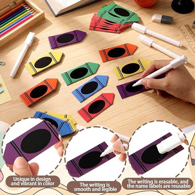 Crtiin 54 Pcs Crayon Desk Name Tags Rainbow Crayon Magnet Name Tags with Pens Back to School Magnetic Nameplate Dry Erase for Student Locker Bulletin Board Teacher Supplies(3.2 Inch *1.2 Inch)