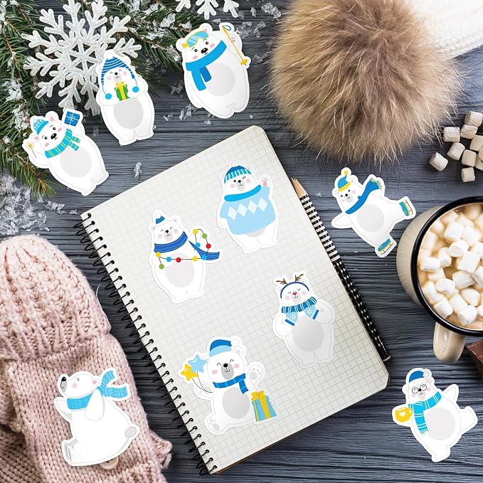 Xqumoi 30 Pack Winter Polar Bear Sticky Notes - Christmas Arctic Theme Self Sticky Notepads Polar Animal Writing Memo Pads Office School Supplies Birthday Party Favors Xmas Gift Goodies Bag Fillers