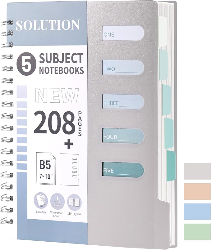 FLYING EAGLE Small Spiral Notebook 5 Subject Notebook Wide Ruled with Dividers Tabs Waterproof Plastic Cover Thick Paper Notebooks for Work School, 7x10 Grey