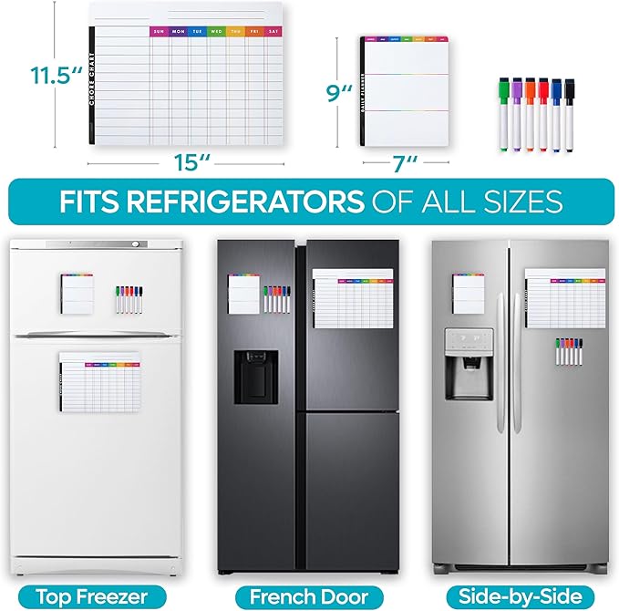Magnetic Chore Chart Dry Erase Whiteboard Set - Pocket Charts for Multiple Kids, Teens & Adults (15"x 11.5"), Daily to-Do, Grocery, Notes (9"x 7") -Behavior Chart for Fridge & 6 Fine Tip Markers