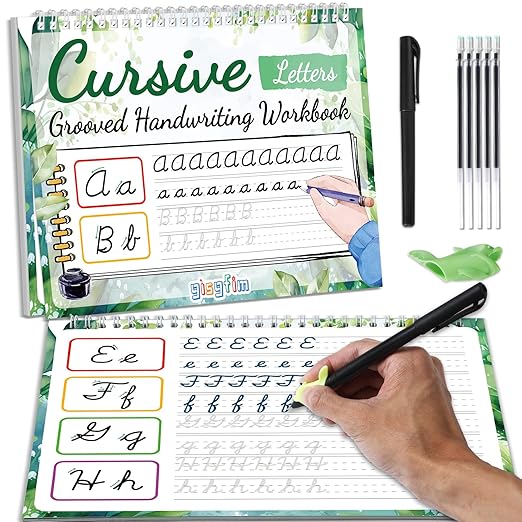 gisgfim Grooved Cursive Handwriting Workbook Magic Reusable Grooved Cursive Handwriting Practice Guided Tracing with Disappearing Ink Pens for Beginners Kids Learning Activities Supplies (Letters)