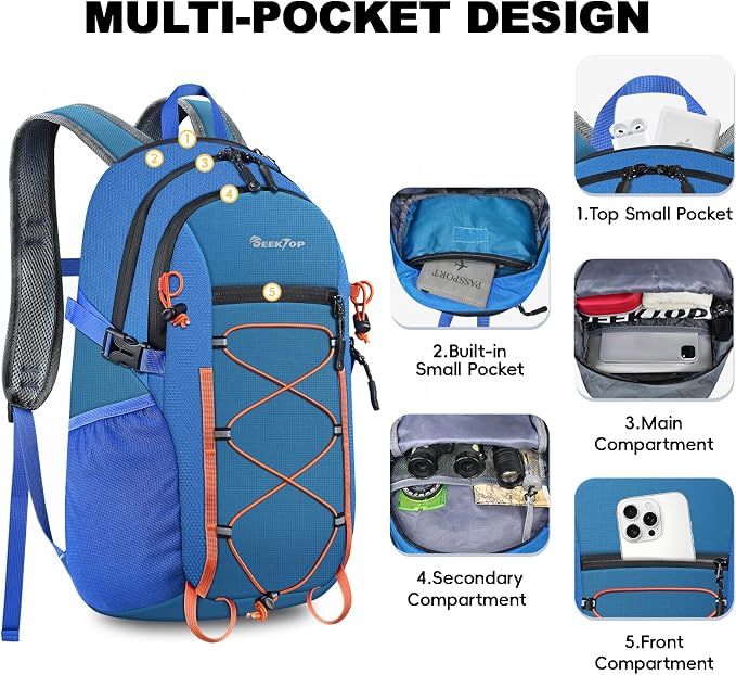 Seektop Packable Waterproof Hiking Backpack, 20L Lightweight Daypack | Tear-Resistant Nylon Material, Multi-Compartment Storage, Ultralight Small Foldable Travel Hiking Daypack for Men & Women