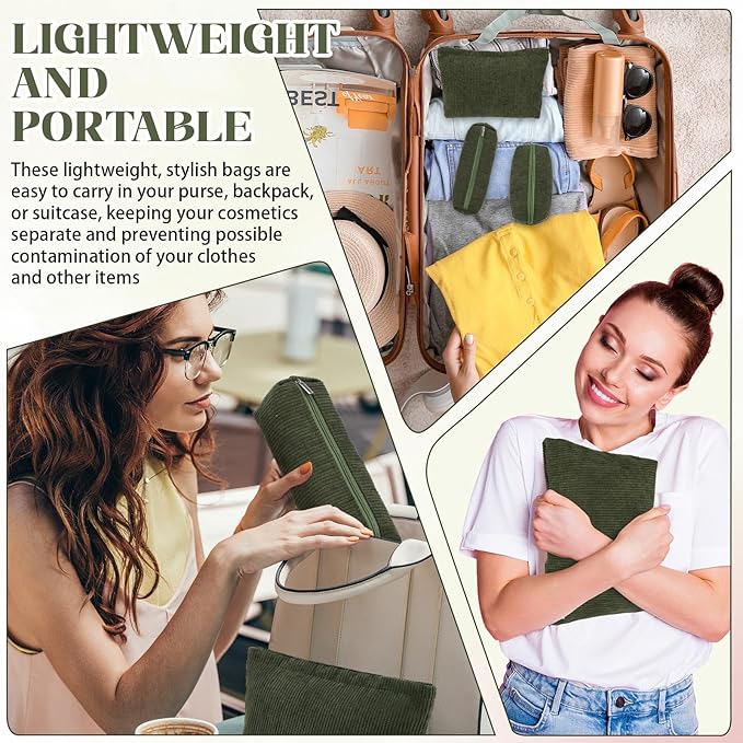 Huhumy 3 Pcs Makeup Bag Set for Women Corduroy Cosmetic Pouch Aesthetic Smile Travel Toiletry Bag Cute Purse Pouch Pencil Case Makeup Brushes Storage Organizer with Zipper(Army Green,Solid Style)