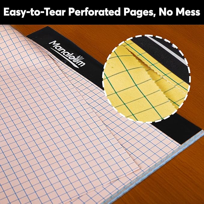 Graph Paper Pad 8.5 x 11 Inch - 3 Pack, 50 Sheets Each (150 Sheets Total) 4x4 Quad Ruled/Grid Notebook, 75 GSM Paper, 5 Colored Pages, Perforated Sheets - for Students,School, Math & STEM (Pastel)