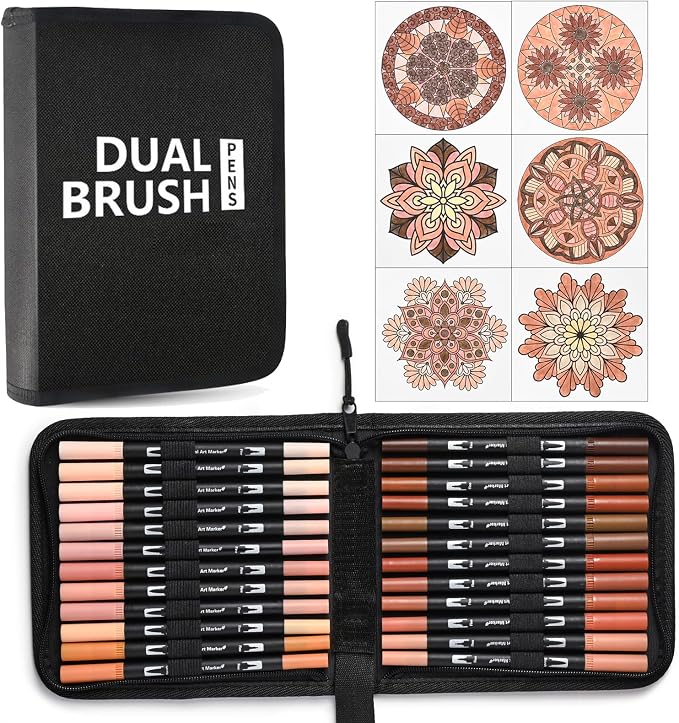 Skin Tone Dual Tip Brush Pen,Colored Fine & Brush Calligraphy Pens, Dual Tip Brown Markers for Adult Coloring Books Drawing Planner Calendar Art Sketch Outlining Sketching Calligraphy