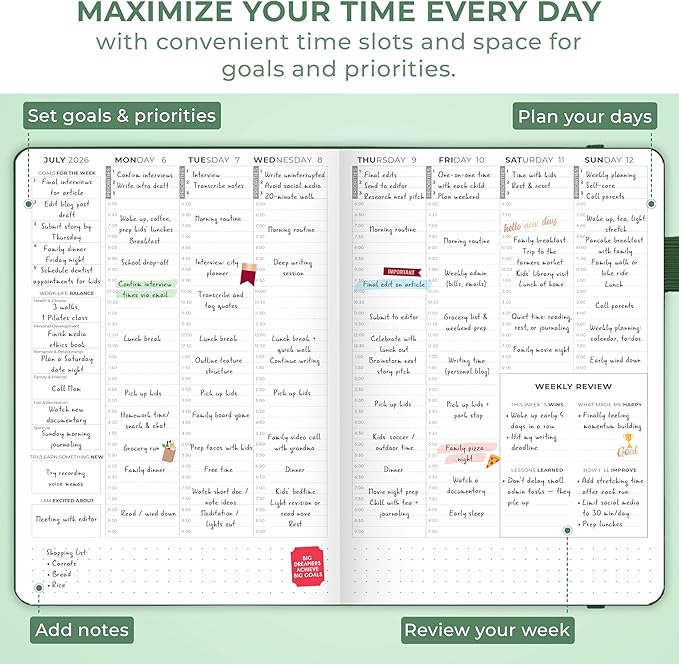 Clever Fox Dated Hourly Weekly Planner 2026 – Daily, Monthly & Yearly Agenda Organizer with Time Slots – Hardcover Journal, A5 Size (Forest Green)