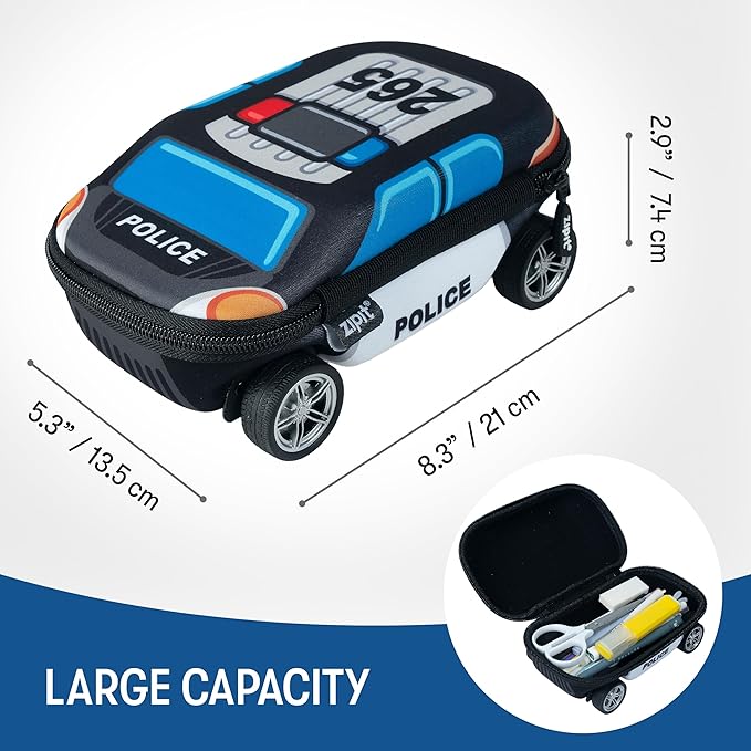 ZIPIT Police Car Pencil Case for Boys, Large Capacity Pencil Box for School with Spinning Wheels, Blue
