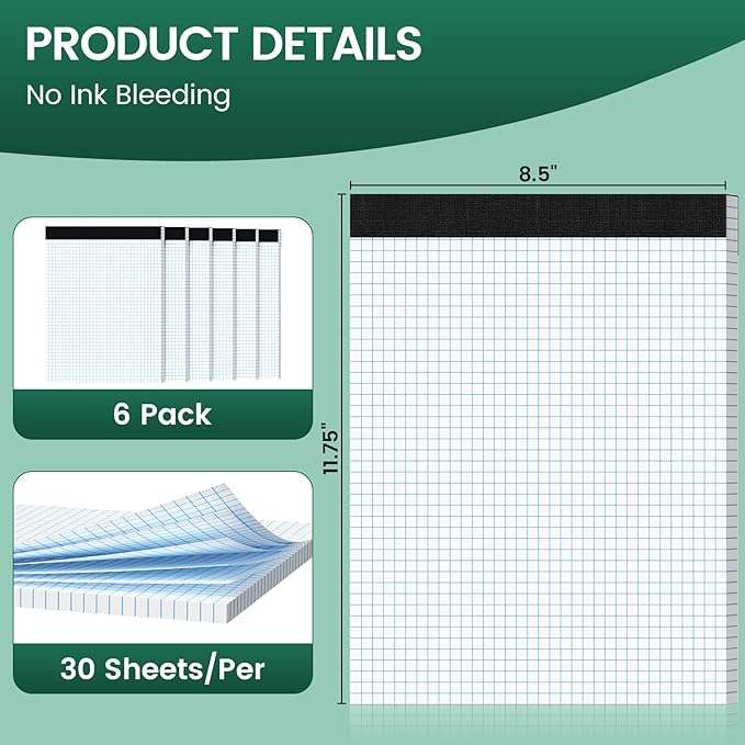 Graph Paper 8.5 X 11, 6 Pack, 4x4 Quad Ruled, Grid Paper Pad 8-1/2" X 11", Grid Pad 8.5 X 11.75, Engineering Notebook, Easy Tears Off, White 70 Gsm Graft Paper