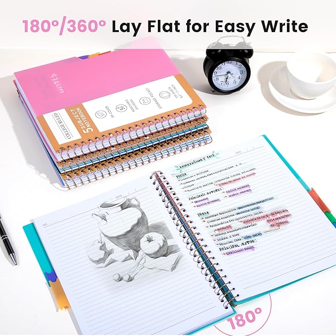 CAGIE Spiral Notebooks for School Work with Removable Dividers Tabs, 8.5” x 11” 5 Subject Notebook College Ruled, Large Lined Journaling Notebook for Women Men Writing, Pink