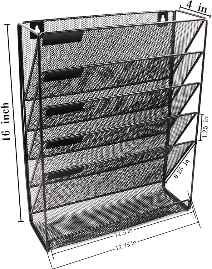 EasyPAG 5 Tier Wall File Holder, Mesh Hanging Folder Organizer with Classify Label, Versatile Desk File Holder, Vertical Wall Mounted Mail Organizer for Office Home Cubicle, Black