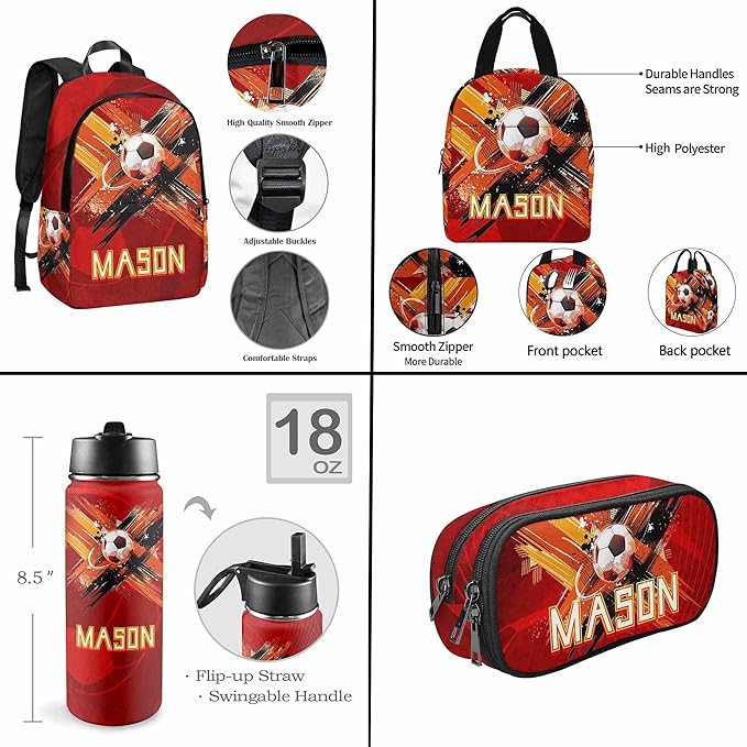 M YESCUSTOM Personalize Boys Backpack with Lunch Box, Red Football Soccer Custom Toddler Sports Backpack with Name Elementary School Kindergarten Travel Bookbag