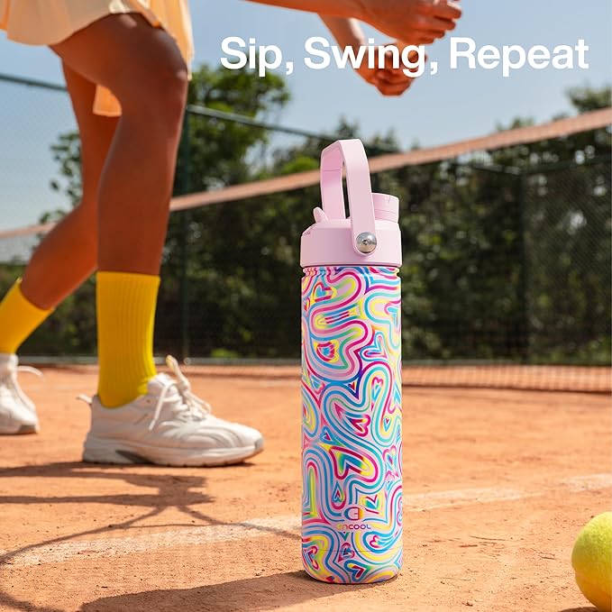 ENCOOL Insulated Water Bottle with Straw Stainless Steel Water Bottle, Leak-Proof, BPA-Free, Double Wall Vacuum Keeps Cold for 24 Hours for Sports, Travel, School (26 oz, Heart Swirl Pink)