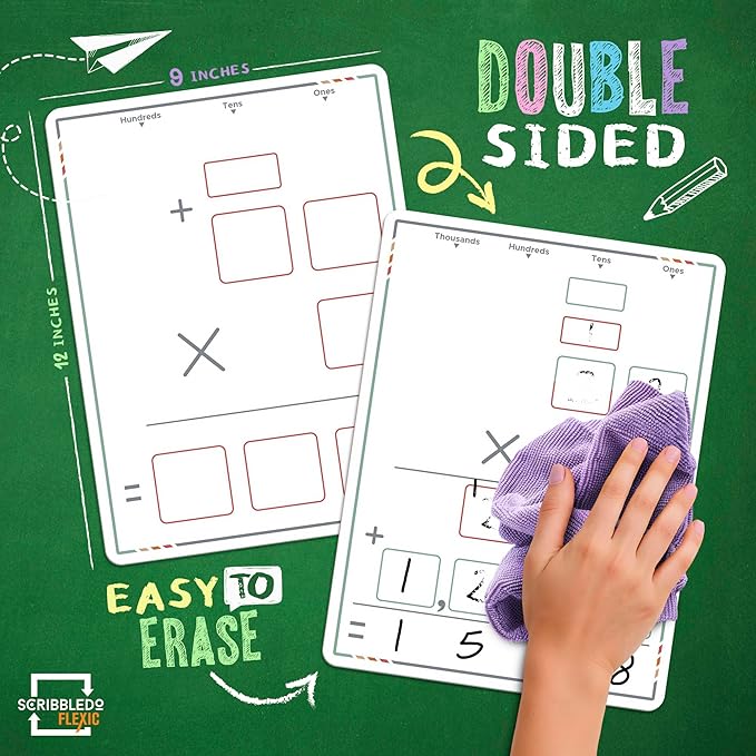 SCRIBBLEDO Multiplication Practice 9"x12" Small White Board Dry Erase Sheets Math Manipulatives 3rd Grade Times Table Supplies for Teacher Students Classroom Pack of 10 Sheets