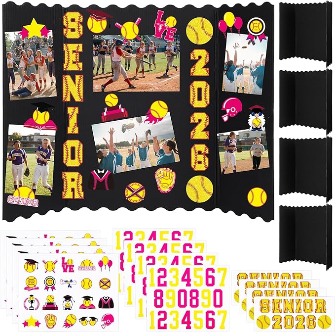 Resurhang 4 Set 24''x16'' Softball Senior Night Gifts Senior 2026 Trifold Poster Board Photo Display Board with 12 Sheet Sports Themed Stickers for Graduation Picture Frame Sport Theme Party Supplies