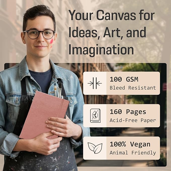 BROWNSTONE JOURNALS A5 Sketch Book Hardcover - 80 Sheets 100 GSM Paper 5"x8", Lay Flat, Vegan Leather Cover, Elastic Band, Back Pocket, Art Drawing Book (Rose Wood)