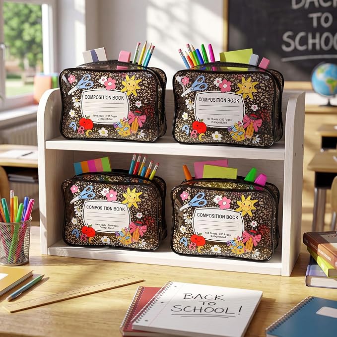 Suclain 12 Pcs Back to School Teacher Gift, Teacher Survival Kit Bag, Cute Composition Book Zipper Cosmetic Pouches, Transparent PVC Pencil Case Waterproof Toiletry Makeup Bag for School Supplies