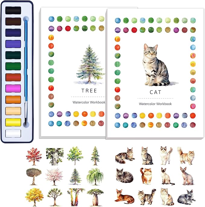 CraftyManor 2Pcs Watercolor Workbook Creative Water Color Paint Book Set with Paints & Brush, 12 Patterns of Original DIY Designs, Beginner-Friendly Adult Coloring Books(Cat & Tree)