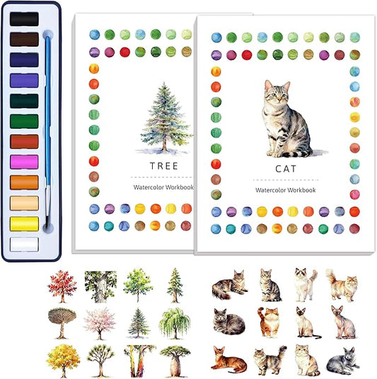 CraftyManor 2Pcs Watercolor Workbook Creative Water Color Paint Book Set with Paints & Brush, 12 Patterns of Original DIY Designs, Beginner-Friendly Adult Coloring Books(Cat & Tree)