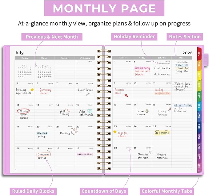 EMSHOI 2026-2027 Appointment Book, A4 15-Minute Hourly Planner, July 2026 - June 2027, Academic Planner Weekly and Monthly, 100GSM Thick Paper, Flexible Cover, Note Pages, Colorful Tabs, Purple