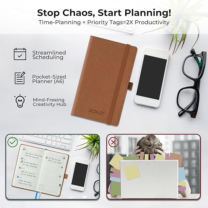 Weekly Monthly 2026-2027 Planner (July 26-Dec 27),6.5"x3.75",18 Months Agenda Plan with Month Tabs & Pocket,Expenses/Note Pages, Academic Calendar with Vegan Leather Cover,Brown