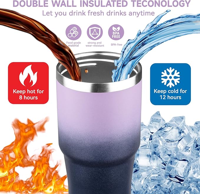 20oz Tumbler with Handle and Flip Straw Lid Double Wall Insulated Travel Coffee Mug Stainless Steel Vacuum Coffee Tumbler Cup for Hot and Cold Drinks Leak-proof&BPA-free（20oz,Light purple Navy blue）