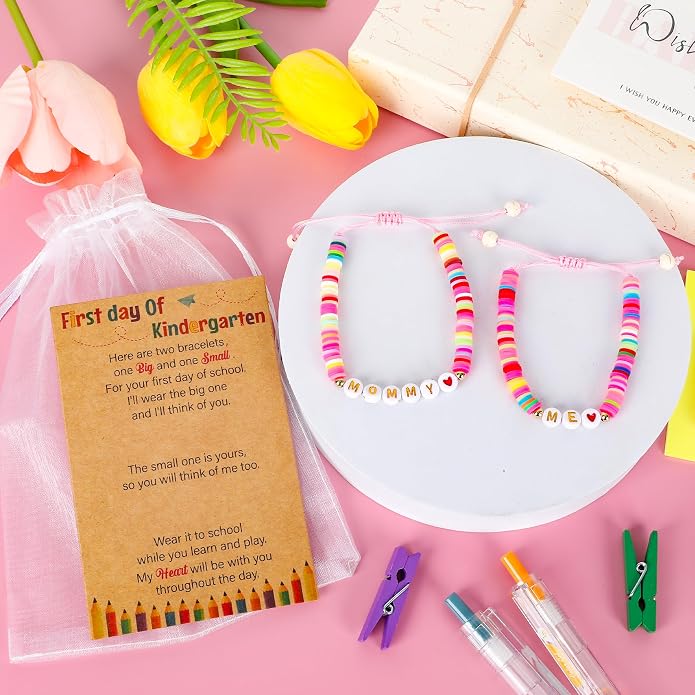 Back to School Supplies, First Day of Kindergarten Bracelet, Back to School Bracelet Mommy and Me, Prek Matching Wish Bracelets Set, Adjustable Bracelet for Boys Girls Gifts Stuff Bulk