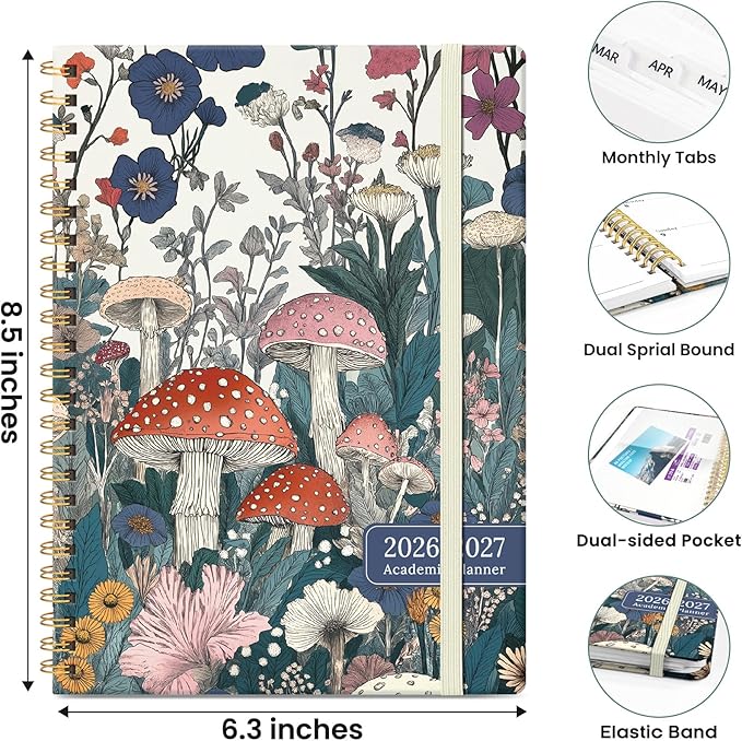 Planner 2026-2027, Hardcover Monthly and Weekly Academic Planner July 2026 - June 2027, Teacher and Student Calendar Agenda Book with Tabs, A5 (6.3" x 8.5"), Ideal for School and Office, Vivid Mushroom