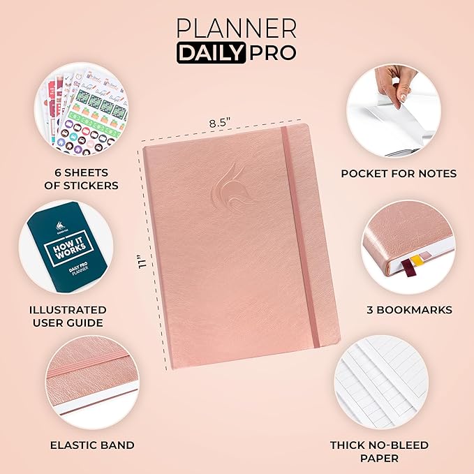 Clever Fox Planner Daily PRO - 8.5 x 11" A4 Size Daily Life Planner and Gratitude Journal to Increase Productivity, Time Management and Hit Your Goals - Undated - Lasts 3 Months (Rose Gold)